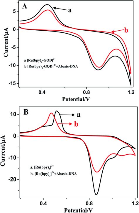 Cyclic voltammograms of Ru bpy 3GQD ² A and Ru bpy 3 ² B in