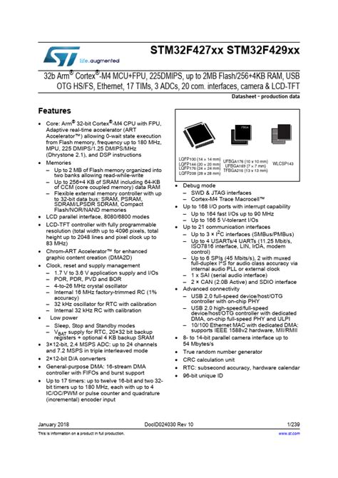 STM32F427IG Datasheet PDF ARM Cortex M4 32 Bit MCU FPU