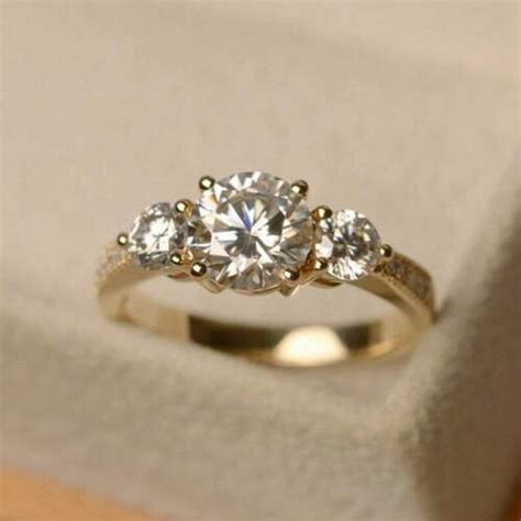 Stone Round Cut Moissanite Ring K Yellow Gold Ring Three Etsy