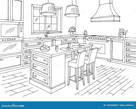 Kitchen Room Graphic Black White Home Interior Sketch Illustration