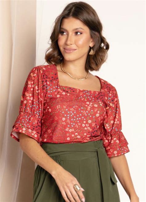 Blusa Floral Vermelho Decote Quadrado Quintess