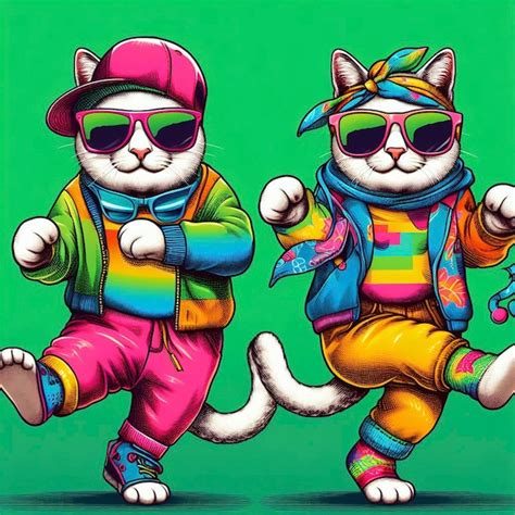 Gato Con Ropa De Colores Y Gafas De Sol Bailando En El Fondo Verde