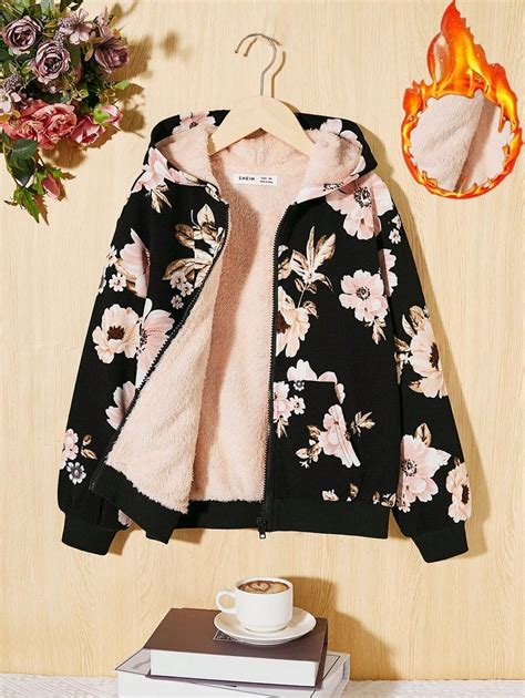 Shein Tween Girl Floral Print Teddy Lined Hooded Jacket Shein Usa