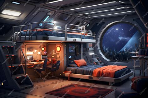 Premium Ai Image A Bedroom With A Spaceship Inspired Bunk Bed And