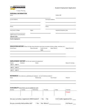 Fillable Online Uwm Student Employment Application Personal