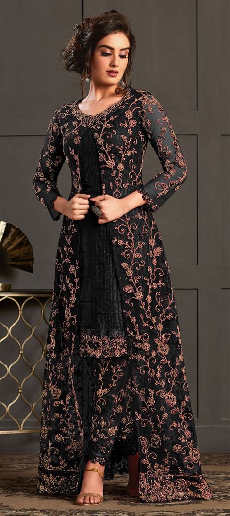 Festive Reception Black And Grey Color Net Fabric Salwar Kameez 1831712