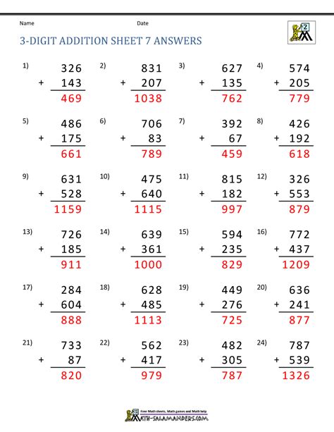 Three Digits Addition Worksheet