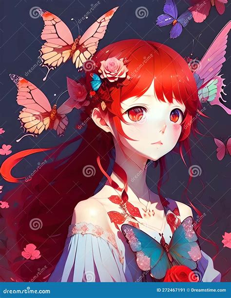 Cute Anime Girl With Red Long Hair Flowers Romantic Fantasy Character Illustration Stock