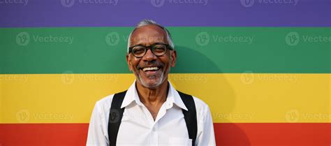 Gay Black Elderly Man With Rainbow Backdrop Celebrating Diversity