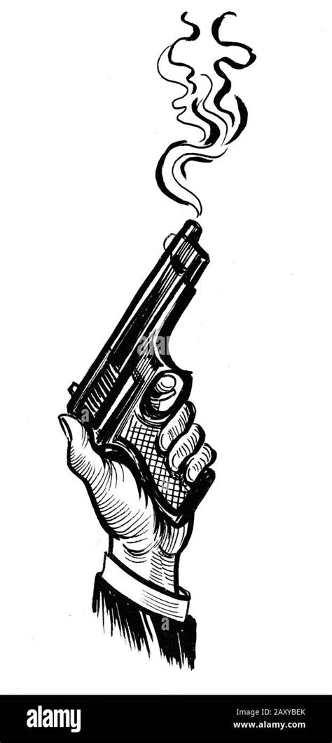 Hand With A Smoking Gun Ink Black And White Drawing Stock Photo Alamy