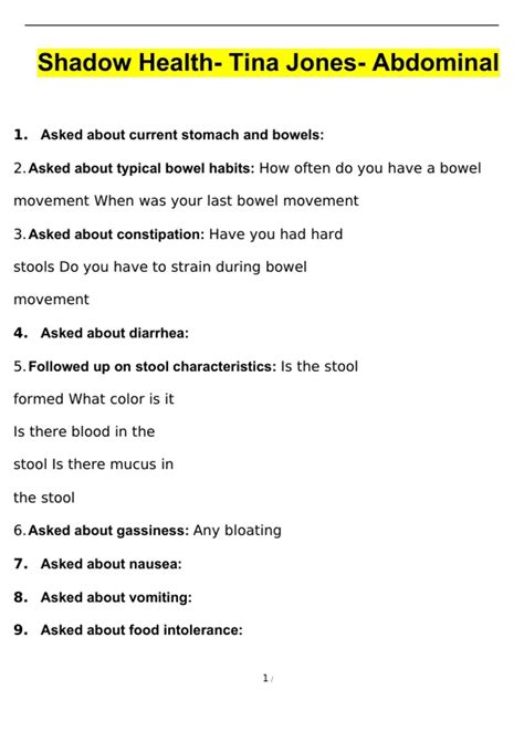 Shadow Health- Tina Jones- Abdominal Questions with Correct Answers