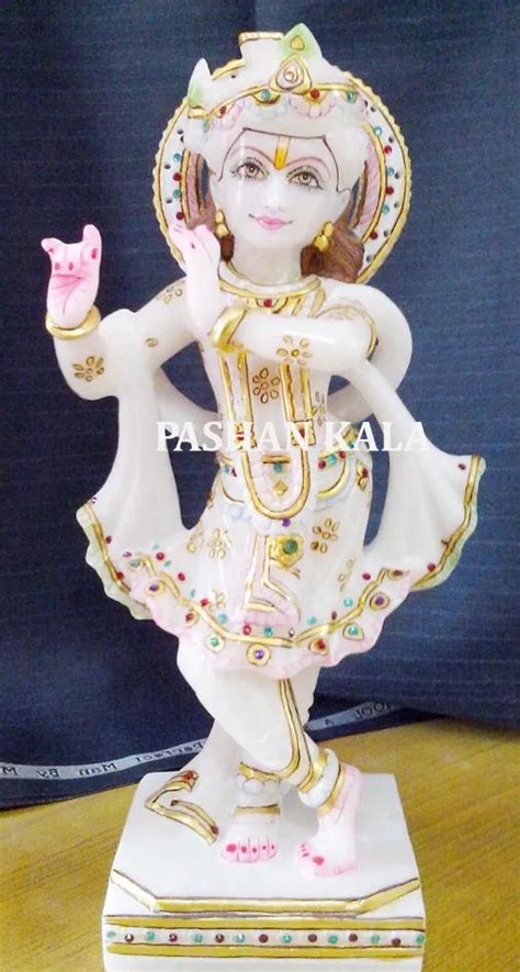 White Painted Marble Krishna Standing Statue For Worship Size 12 To