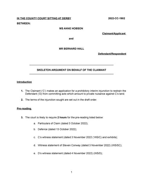 Skeleton For Interim Injunction IN THE COUNTY COURT SITTING AT DERBY