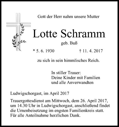 Lotte Schramm Traueranzeige Trauer InFranken De