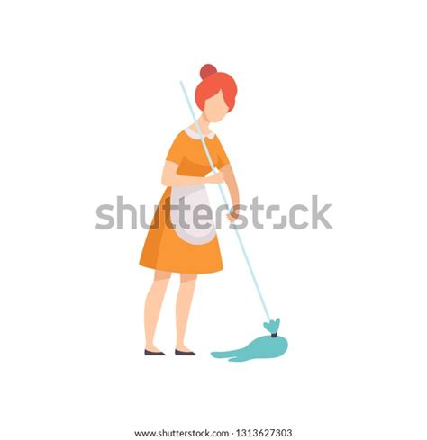 Housemaid Mopping Floor Housewife Character Wearing Stock Vector Royalty Free 1313627303