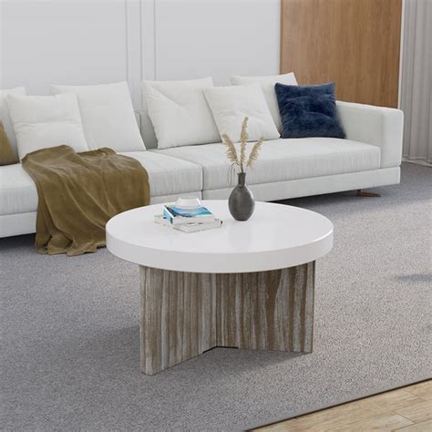 Japandi Round Pine Wood Coffee Table In White With Rustic Pedestal