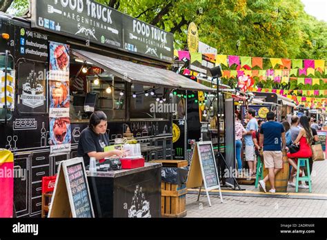 Buenos Aires, Argentina - November 25, 2018: Food trucks at street food