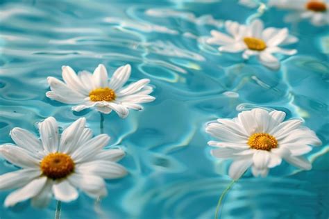 Premium Photo White Daisy Flowers Floating On The Blue Water Surface