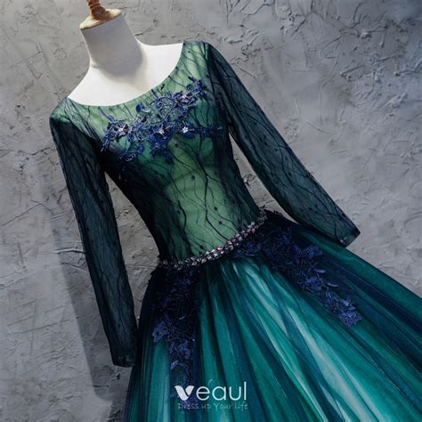 Classic Dark Green Prom Dresses 2017 Ball Gown Lace Flower Crystal