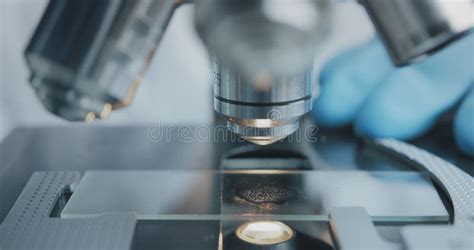 Close Up Of Examining Of Test Sample Of Microchip Transistor Under The