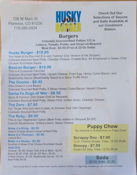 Menu At Husky Burger Restaurant Florence