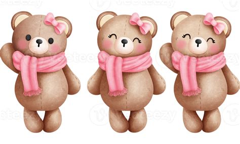 Set Of Watercolor Valentine Teddy Bear In Pink Scarf And Bow