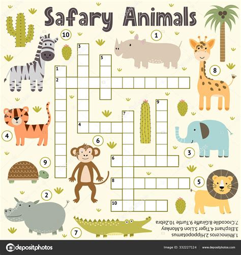 Crossword For Kids With Cute Safari Animals Word Search Puzzle Stock