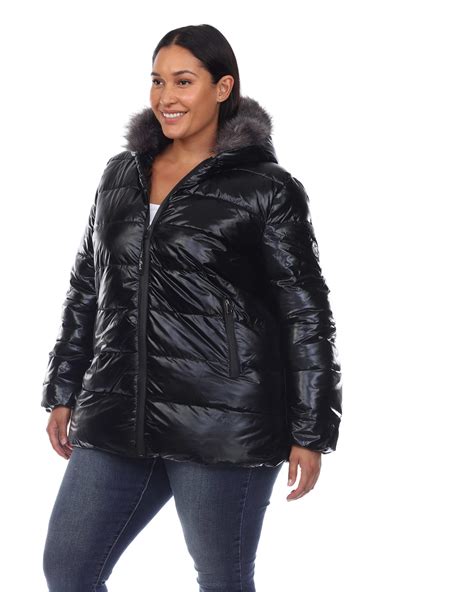 Plus Size Metallic Puffer Coat With Hoodie