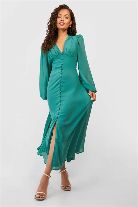 Womens Puff Sleeve Button Through Midi Dress Boohoo Uk