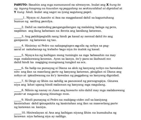 Solved Panuto Basahin Ang Mga Sumusunod Na Sitwasyon Isulat Ang X