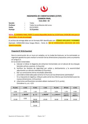 Examen Final ING DE Cimentaciones Ingeniería de Cimentaciones Studocu