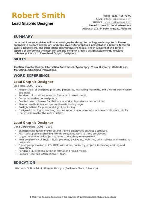 Lead Graphic Designer Resume Samples | QwikResume