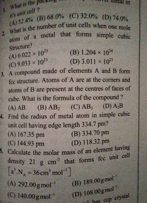 Calculate The Molar Mass Of An Element Having Density 21 G Cm3 That Form