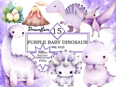 Watercolor Purple Baby Dinosaur Clipart Png Bundle Baby Shower