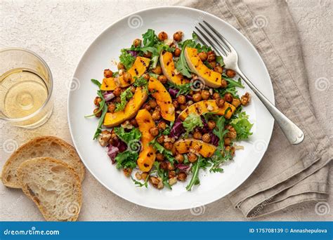 Vegan Grilled Pumpkin And Roasted Chickpeas Salad Stock Image Image