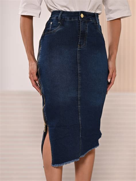 Saia Jeans Moda Evang Lica Midi Z Per Lateral Ref Anagrom Atacado