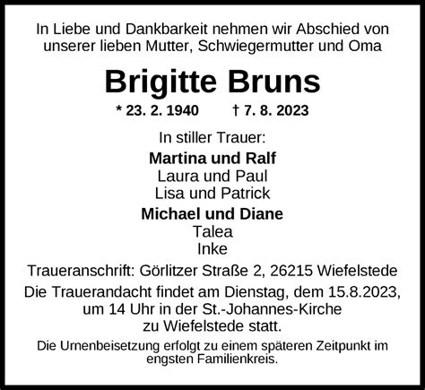 Traueranzeigen Von Brigitte Bruns Nordwest Trauer De