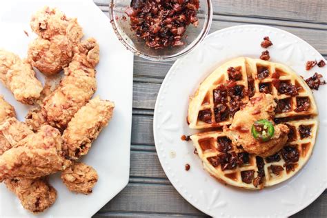 Buttermilk Fried Chicken And Waffles With Vanilla Bourbon Bacon Jam Big Hair And Foodie Fare