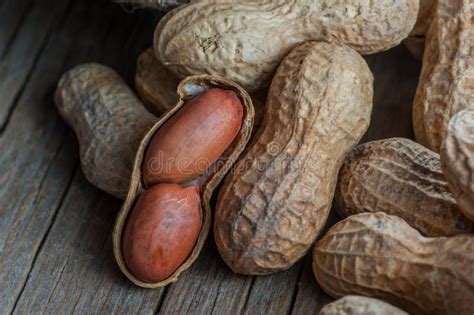 Peanut In Nutshell On Wooden Background Composition Of Peanuts Stock