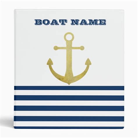 Nautical Boat Name Gold Anchor Navy Blue Stripes 3 Ring Binder Zazzle