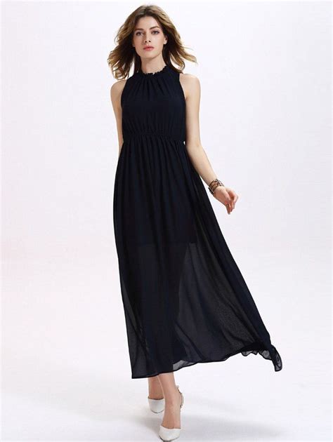 17 Off 2021 Trendy Ruffled Neck Backless Sleeveless Elastic Waist Womens Chiffon Maxi Dress