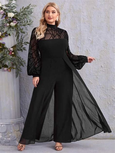 Shein Belle Plus Lantern Sleeve Mesh Yoke Wide Leg Jumpsuit Shein Usa