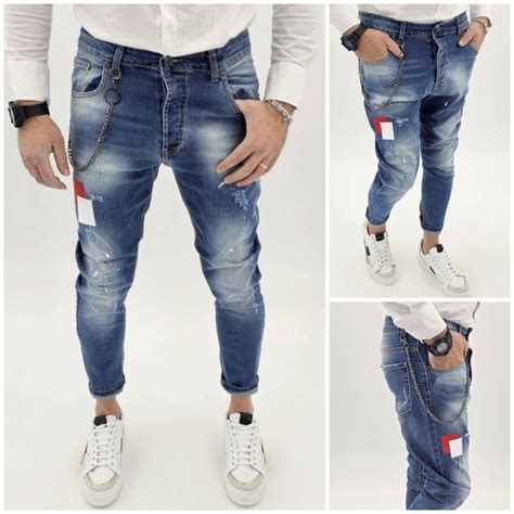 Jeans Uomo Cavallo Basso Toppe Strappi Catena Estraibile 424446485