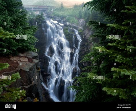 Myrtle Falls And Fog Mt Rainier National Park Washington Stock Photo