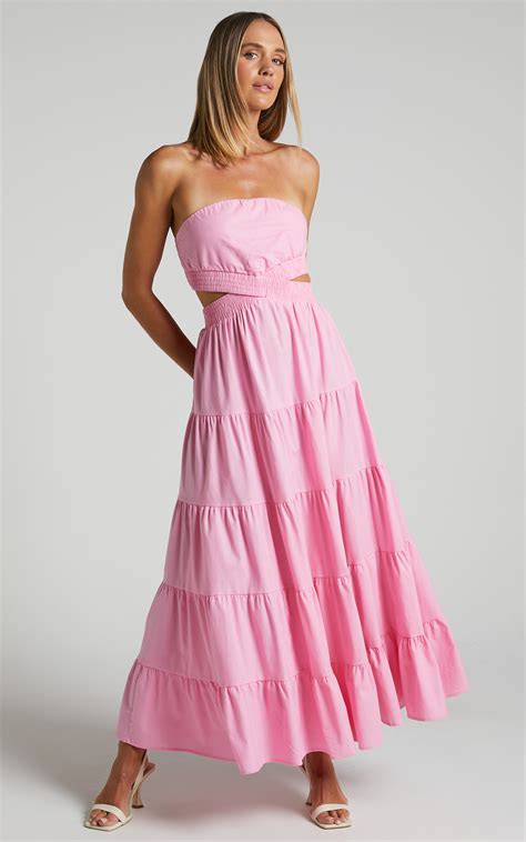 Xiomara Maxi Dress Strapless Cut Out Tiered Dress In Pink Showpo Usa