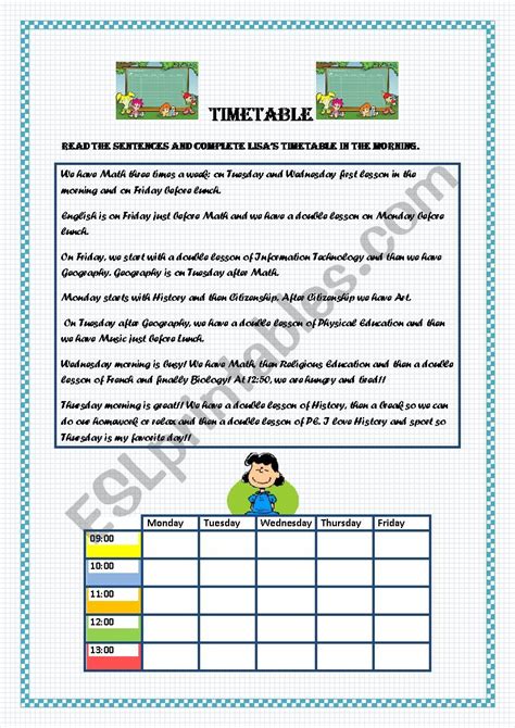 Timetable Esl Worksheet By Gaelles