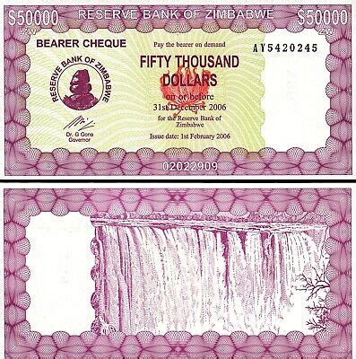 Zimbabwe 50000 50 000 Dollars 2006 UNC P 30 Bearer Cheque EBay