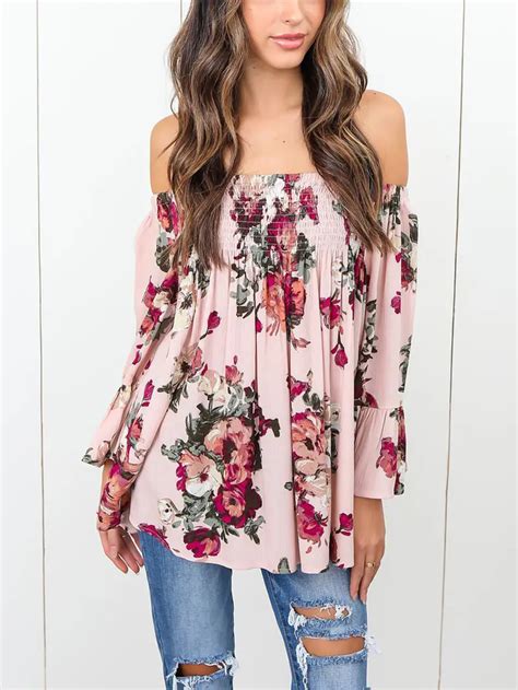 Floral Print Shoulder Blouses Ladies Long Sleeve Blouses Temu