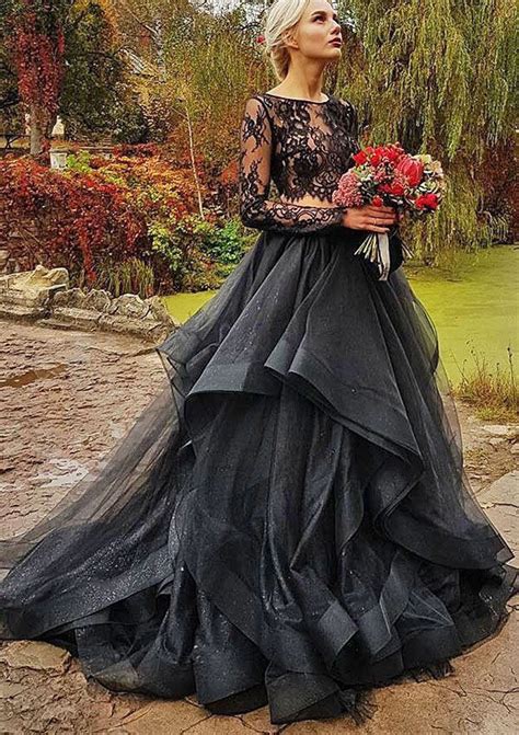 Two Piece Long Sleeves Black Wedding Dresses Bridal Gowns With Lace