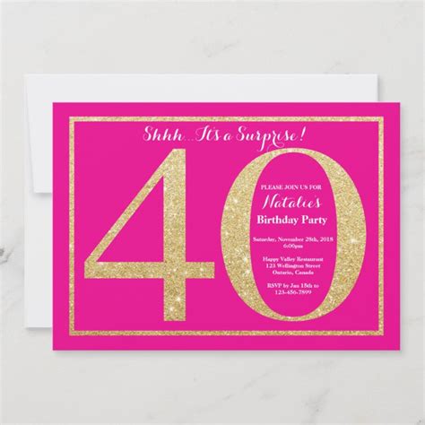 Surprise 40th Birthday Hot Pink And Gold Glitter Invitation Zazzle